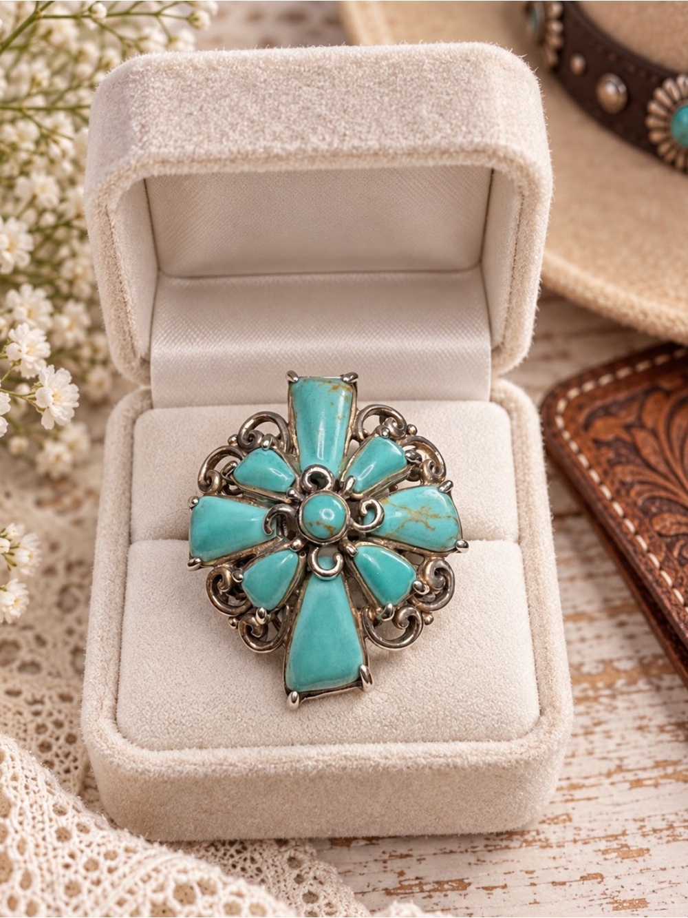 Ring Genuine Turquoise Floral Cluster Sterling Silver Filigree Setting Design